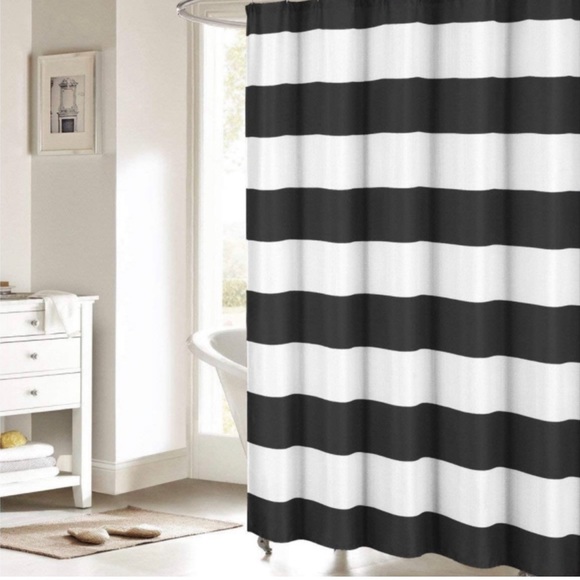 Fabric Shower Curtain | White With Black Bold Stripes | Bathroom Design Decor - Picture 7 of 7